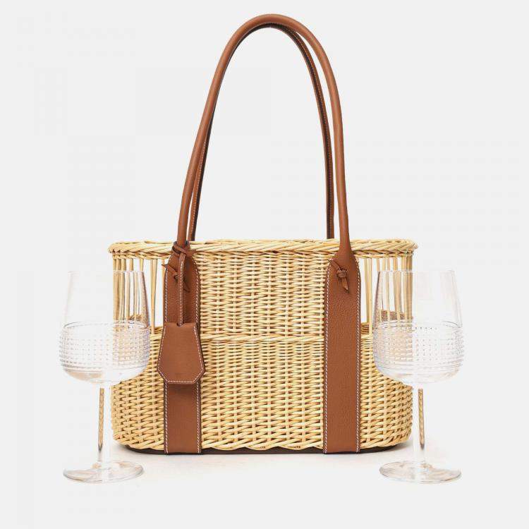 Pre Owned Hermes 2022 Beige/Brown Wicker/Taurillon Leather Park Bottle Basket