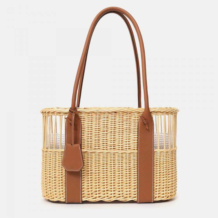 Pre Owned Hermes 2022 Beige/Brown Wicker/Taurillon Leather Park Bottle Basket