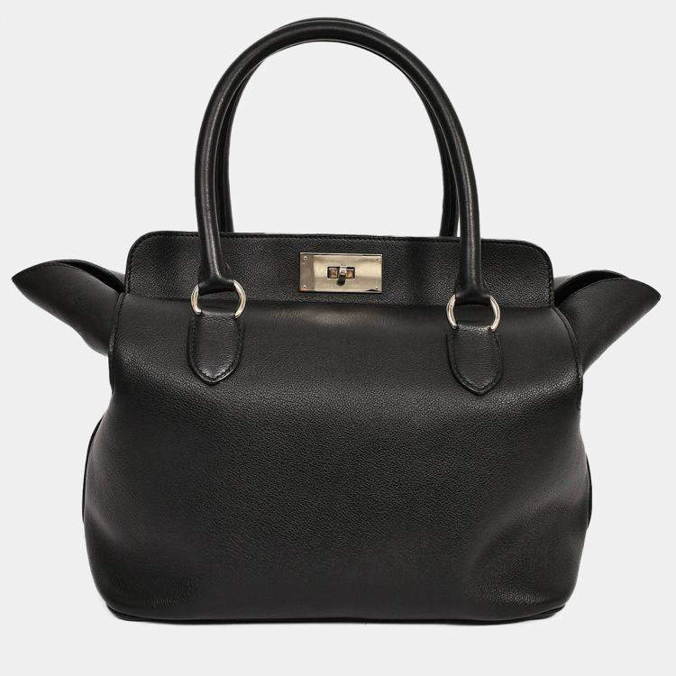 Pre Owned Hermes Black Leather Tool Box 26 Top Handle with Strap