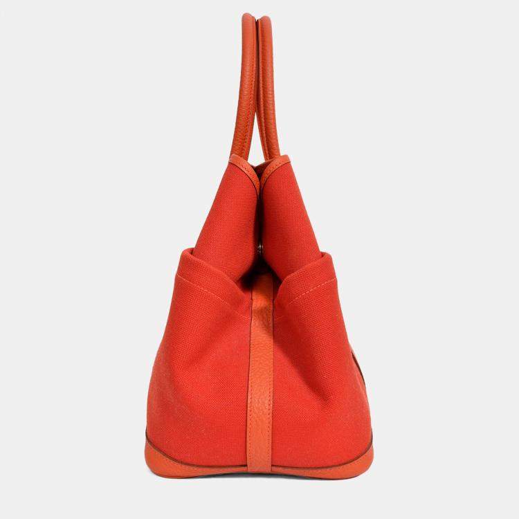 Pre Owned Hermes 2016 Red Canvas/Leather Garden Party Pocket 36 Tote Bag with Strap