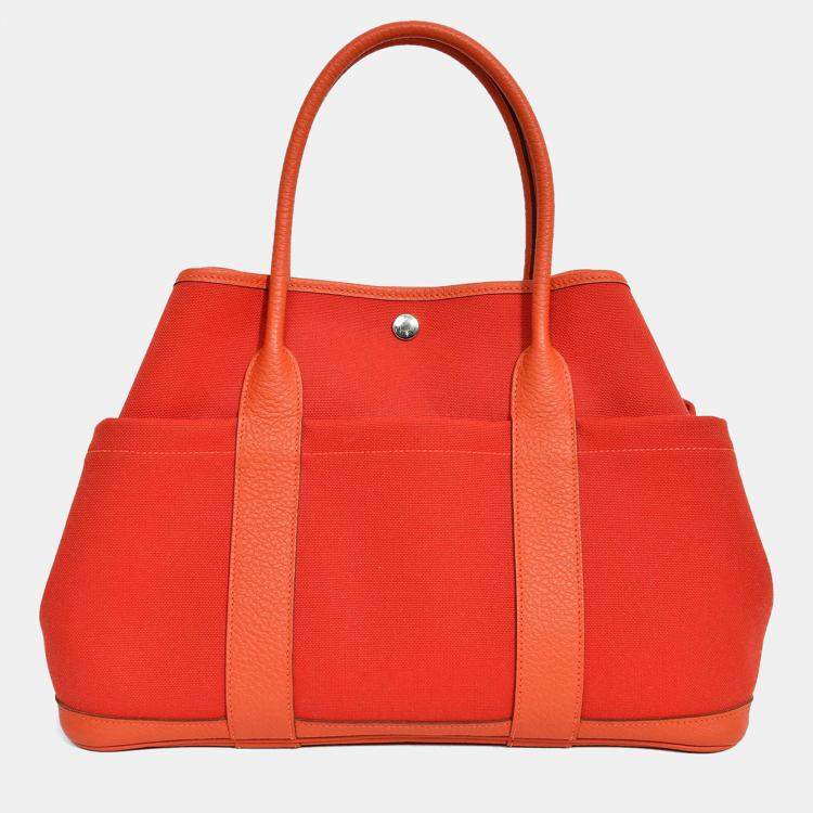 Pre Owned Hermes 2016 Red Canvas/Leather Garden Party Pocket 36 Tote Bag with Strap