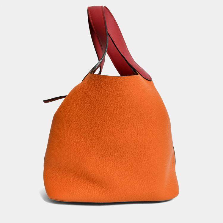 Pre Owned Hermes 2016 Orange Clemence Rouge Swift Bicolour Leather Picotin 22