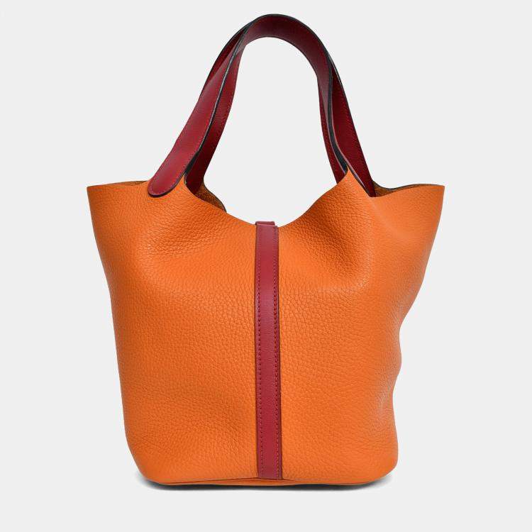 Pre Owned Hermes 2016 Orange Clemence Rouge Swift Bicolour Leather Picotin 22