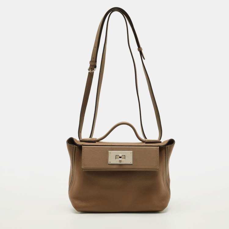 Pre Owned Hermes 24/24 21 Palladium Finish Beige de Weimar Evercolor and Swift Leather Top Handle Bag