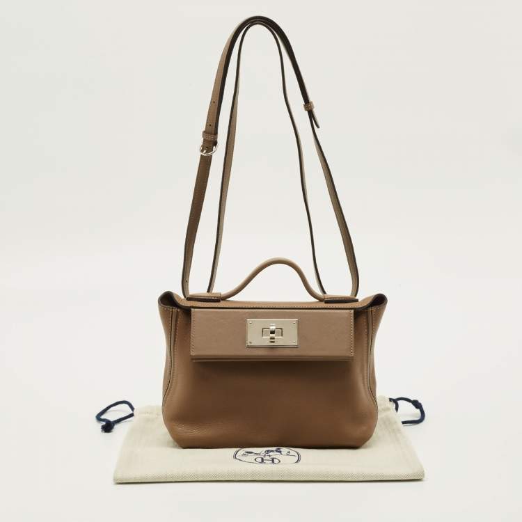 Pre Owned Hermes 24/24 21 Palladium Finish Beige de Weimar Evercolor and Swift Leather Top Handle Bag