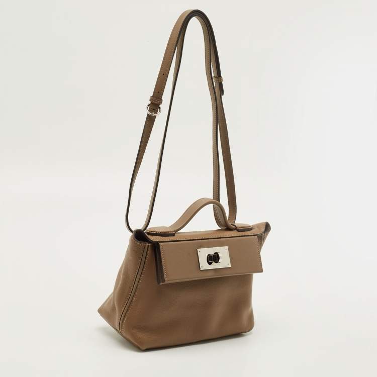 Pre Owned Hermes 24/24 21 Palladium Finish Beige de Weimar Evercolor and Swift Leather Top Handle Bag