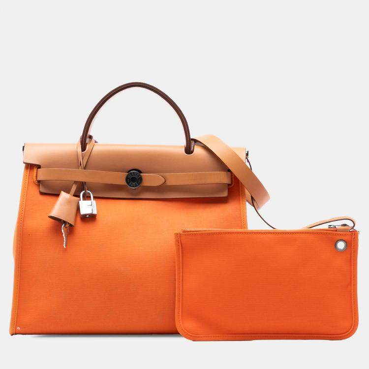 Pre Owned Hermes Brown Orange Toile Herbag Zip 31