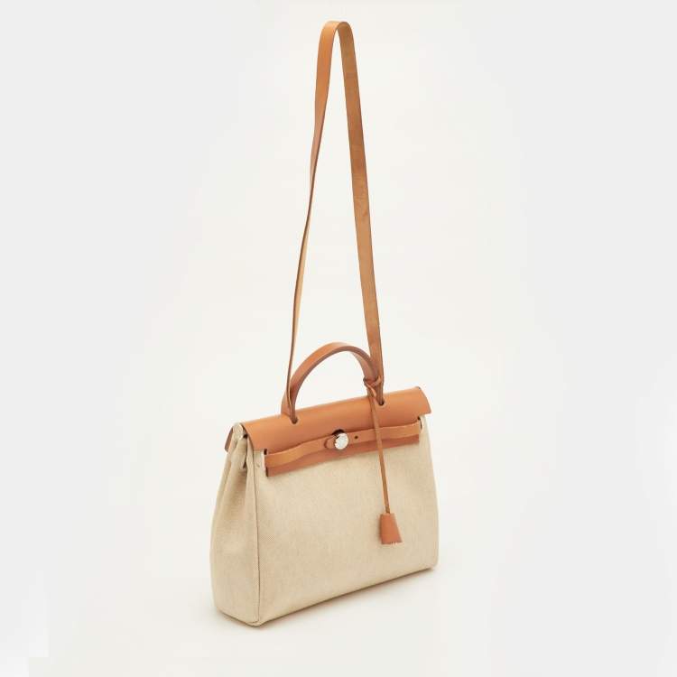 Pre Owned Hermes Herbag 31 Ecru/Natural Toile Canvas and Vache Leather Bag