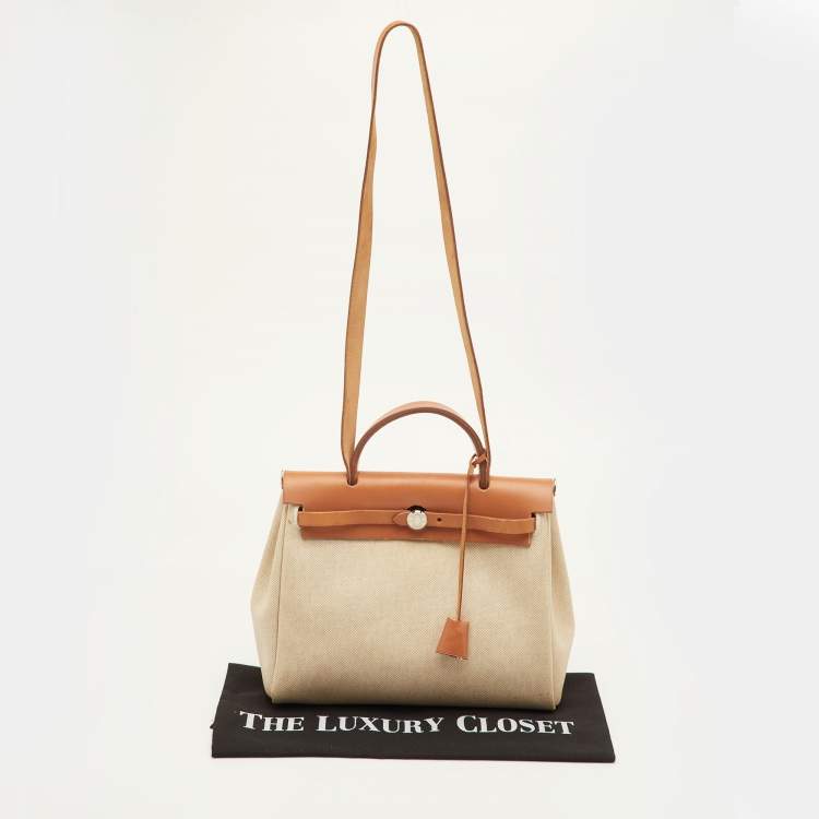 Pre Owned Hermes Herbag 31 Ecru/Natural Toile Canvas and Vache Leather Bag