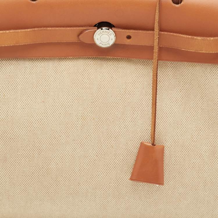 Pre Owned Hermes Herbag 31 Ecru/Natural Toile Canvas and Vache Leather Bag