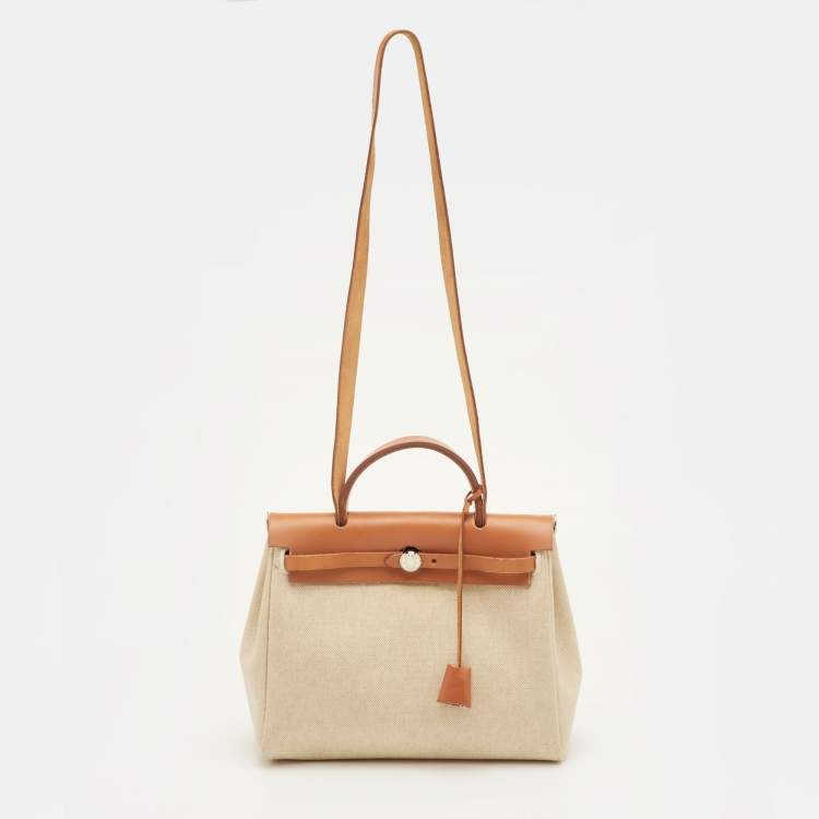 Pre Owned Hermes Herbag 31 Ecru/Natural Toile Canvas and Vache Leather Bag