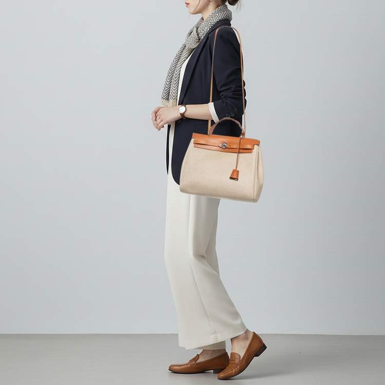 Pre Owned Hermes Herbag 31 Ecru/Natural Toile Canvas and Vache Leather Bag