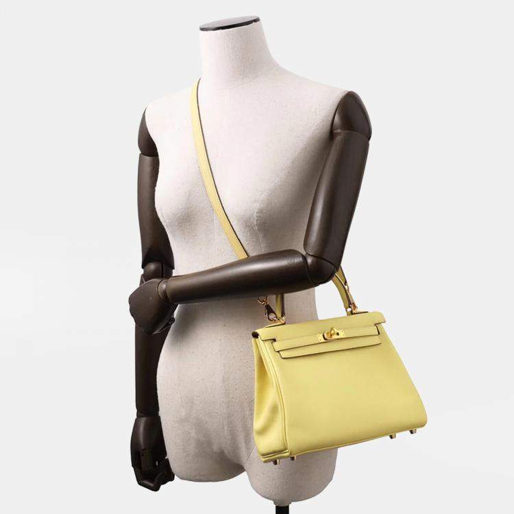 Pre Owned Hermes Kelly Retourne Sewing Jaune Poussin Swift Leather Size 25