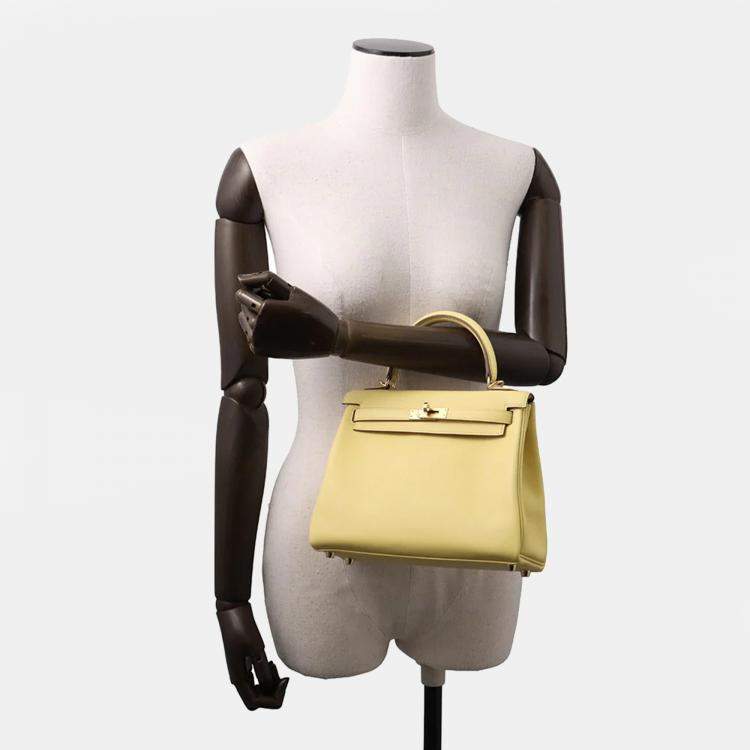 Pre Owned Hermes Kelly Retourne Sewing Jaune Poussin Swift Leather Size 25