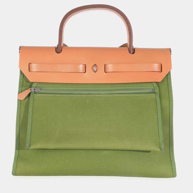 Pre Owned HermÃ¨s Apple Green Vache Hunter Toile Herbag Zip 31 PHW