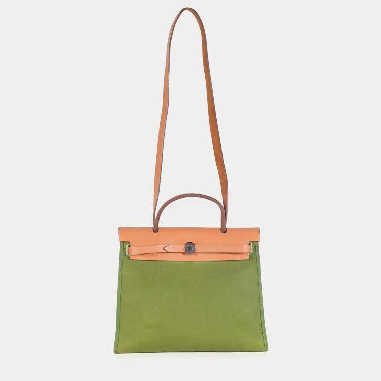 Pre Owned HermÃ¨s Apple Green Vache Hunter Toile Herbag Zip 31 PHW