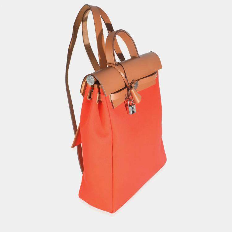 Pre Owned Hermes Orange Mecano Fauve Military Toile Vache Hunter Herbag Backpack