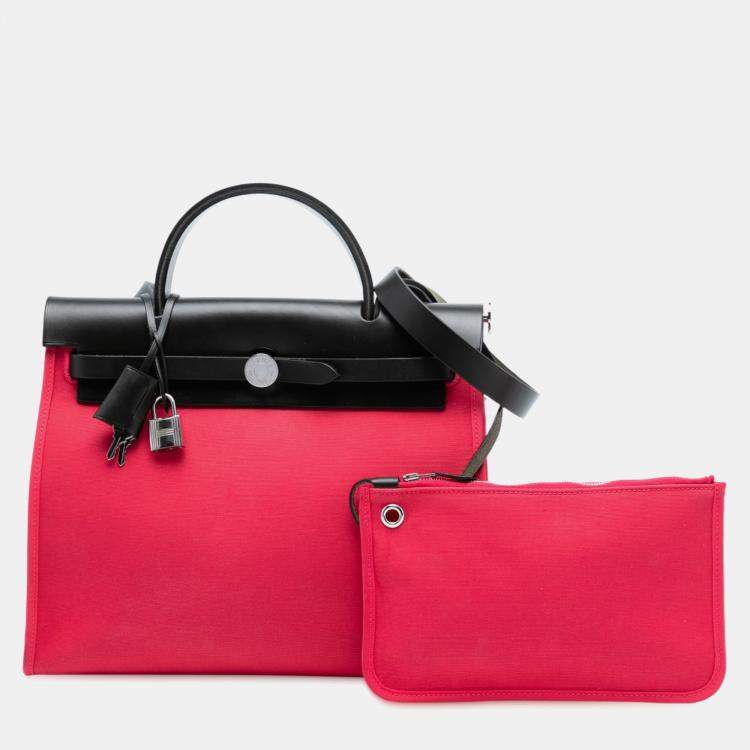 Pre Owned Hermes Black Pink Toile Herbag Zip 31