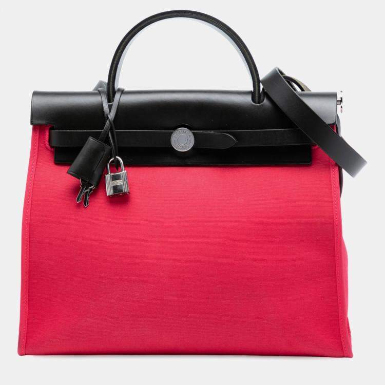 Pre Owned Hermes Black Pink Toile Herbag Zip 31