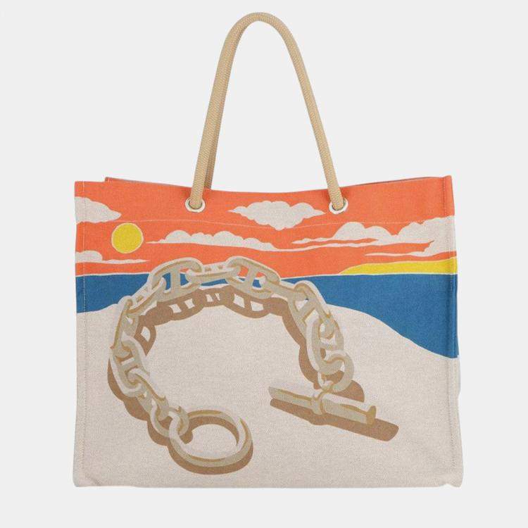 Pre Owned Hermes Brown Toile Escale a la Plage Beach Bag