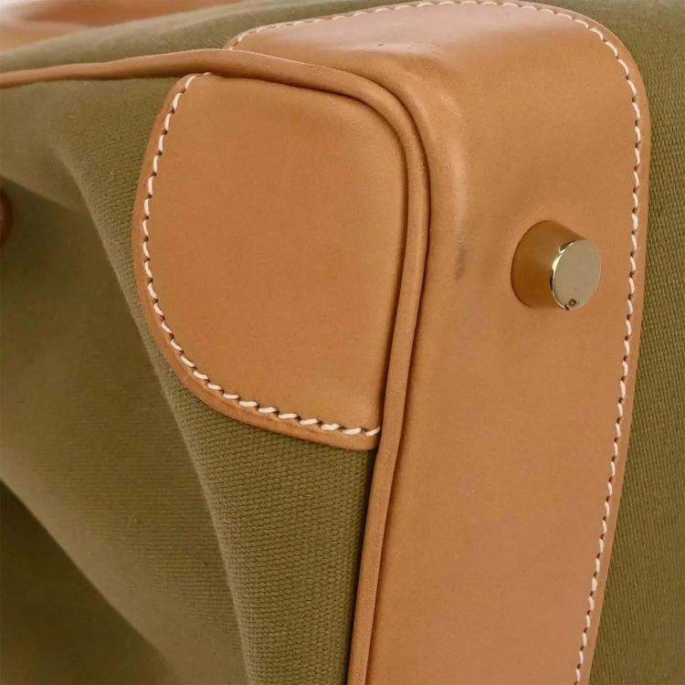 Pre Owned Hermes Birkin 35 Khaki Natural Toile Officier Canvas Vache Leather Top Handle Bag