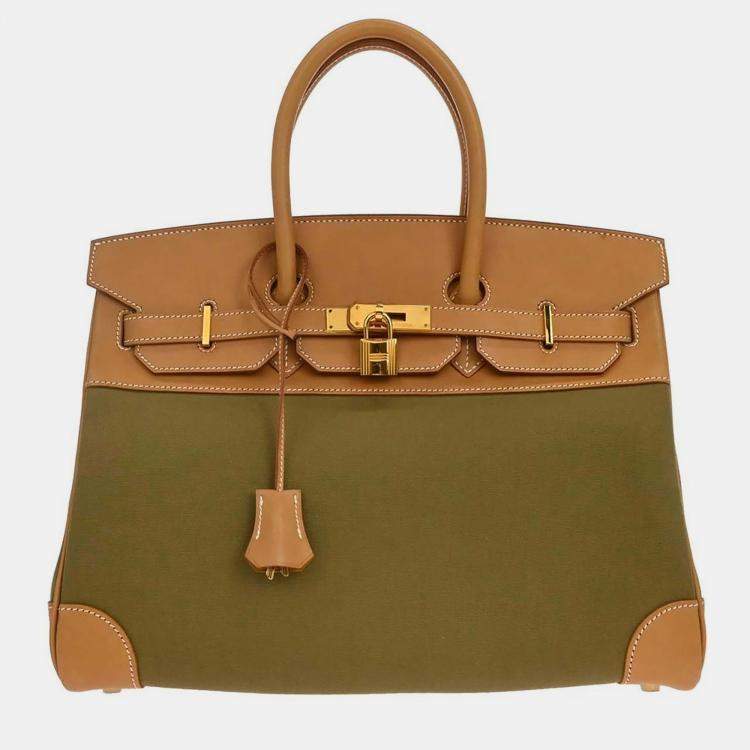 Pre Owned Hermes Birkin 35 Khaki Natural Toile Officier Canvas Vache Leather Top Handle Bag