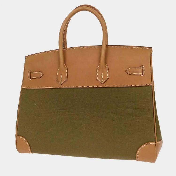 Pre Owned Hermes Birkin 35 Khaki Natural Toile Officier Canvas Vache Leather Top Handle Bag