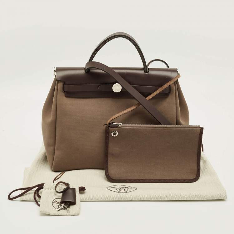 Pre Owned Hermès Herbag 31 Khaki/Brown Canvas and Leather Bag