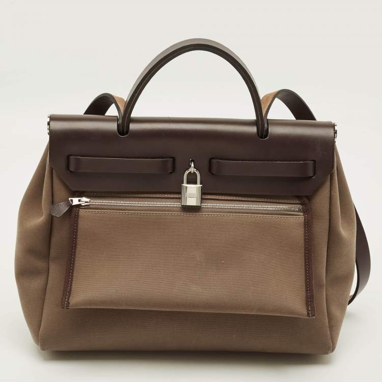 Pre Owned Hermès Herbag 31 Khaki/Brown Canvas and Leather Bag