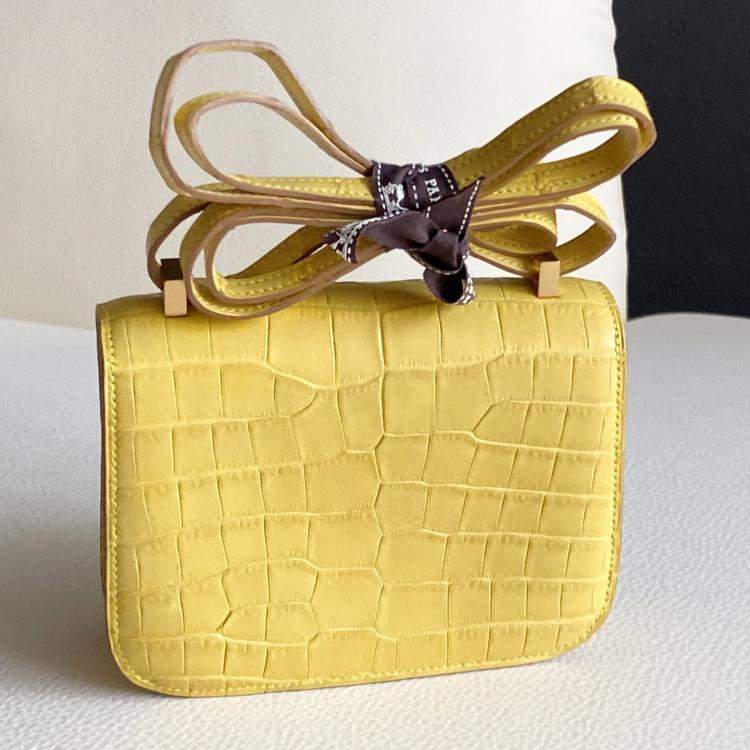 Pre Owned Hermes Micro Constance 14 matte crocodile Marigold yellow with gold hardware