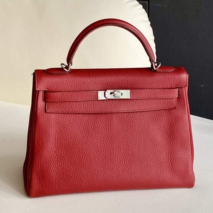 Pre Owned Hermes Kelly 32 red Togo with palladium hardware