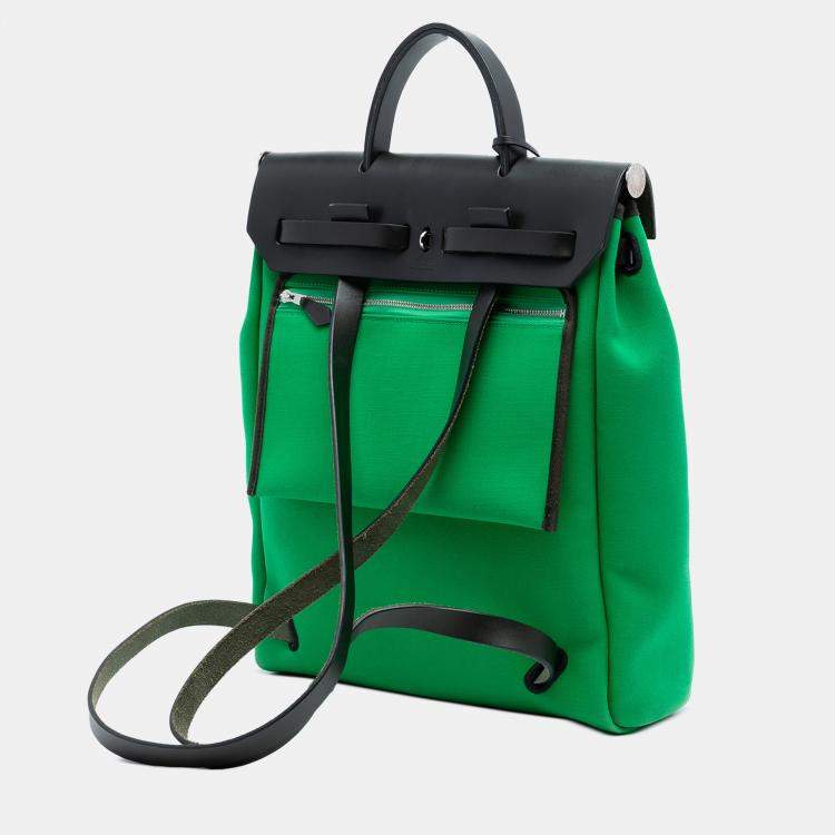Pre Owned Hermes Black Green Toile Herbag A Dos Zip Retourne Backpack