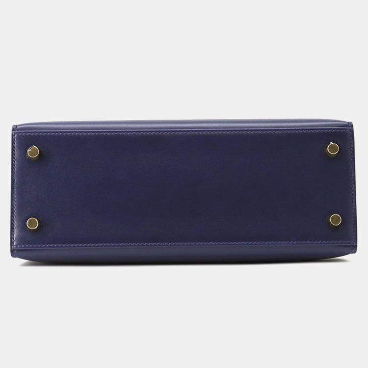 Pre Owned Hermes Kelly Sellier Blue Abysse Tadelakt Leather Size 25