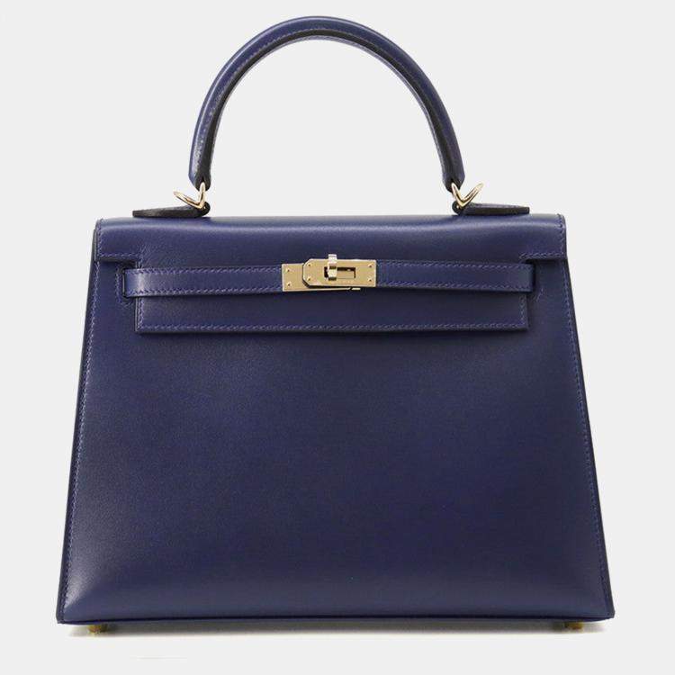 Pre Owned Hermes Kelly Sellier Blue Abysse Tadelakt Leather Size 25