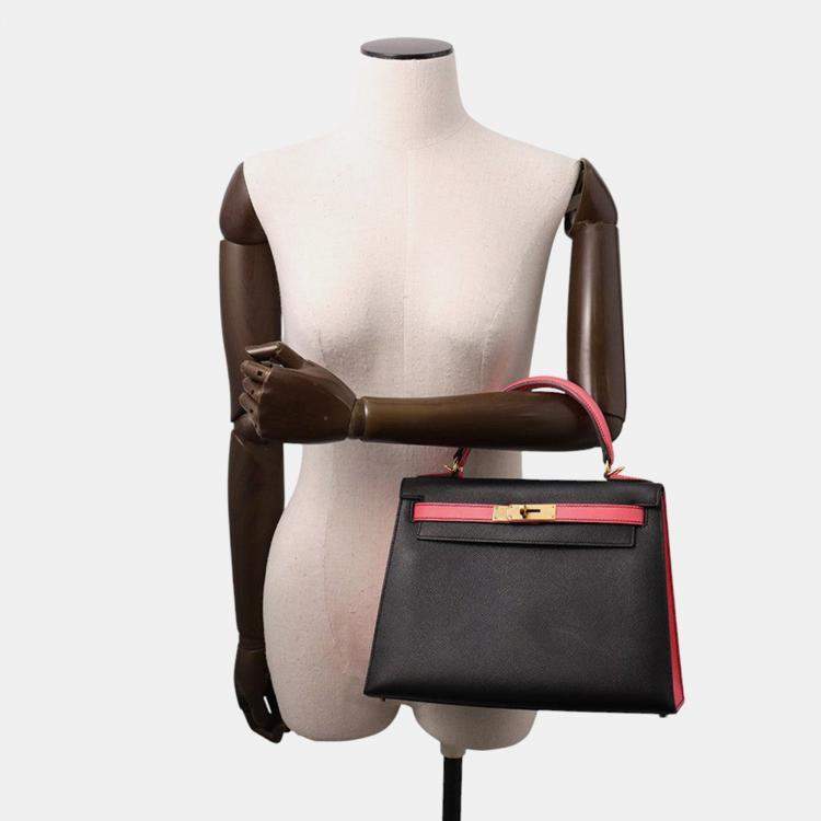 Pre Owned Hermes Kelly Sellier Rose Azalee/Black Epsom Size 28
