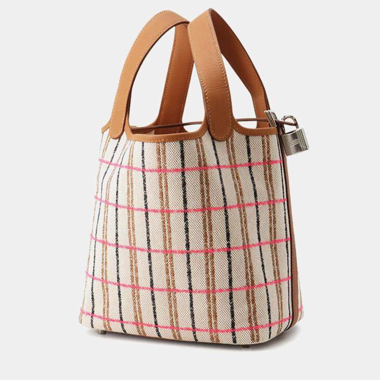 Pre Owned Hermes Picotin Lock Blanket Gold/Ecru/Fauve/Rose Pop Toile H Swift Leather Size Pm