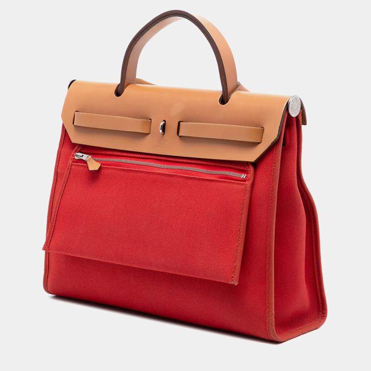 Pre Owned Hermes Brown Red Toile Herbag Zip 31