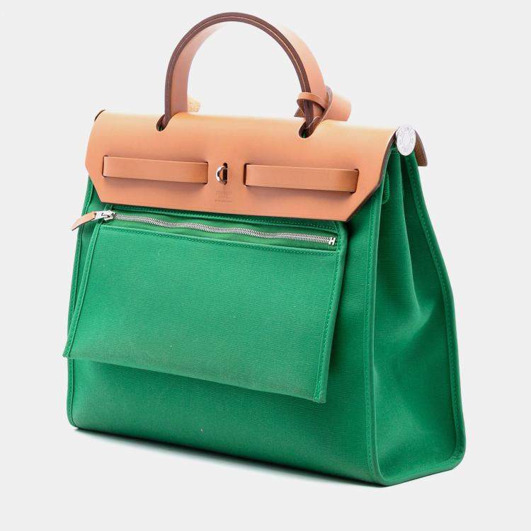 Pre Owned Hermes Brown Green Toile Herbag Zip 31