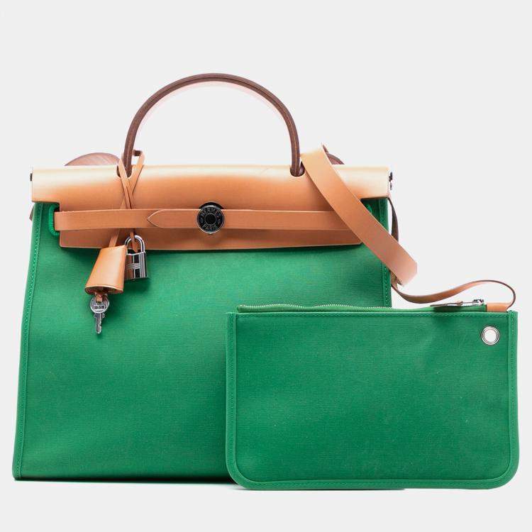 Pre Owned Hermes Brown Green Toile Herbag Zip 31