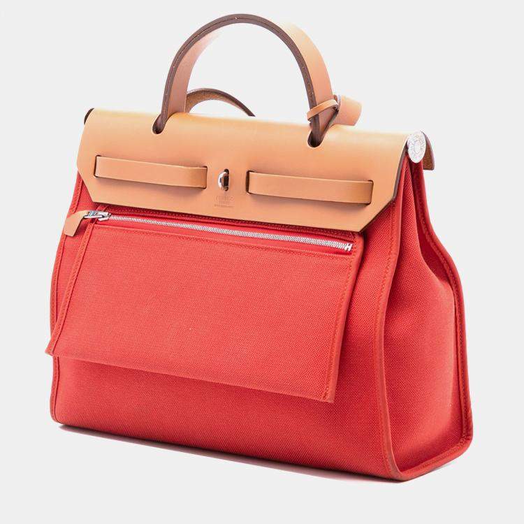 Pre Owned Hermes Brown Orange Toile Herbag Zip 31