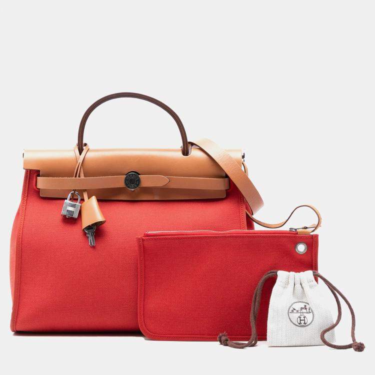 Pre Owned Hermes Brown Orange Toile Herbag Zip 31