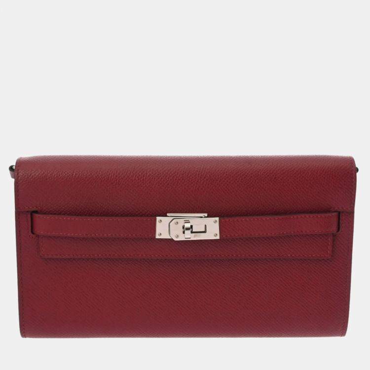 Pre Owned Hermes Kelly Wallet To-Go Rouge Grenat Epsom Leather Long Wallet