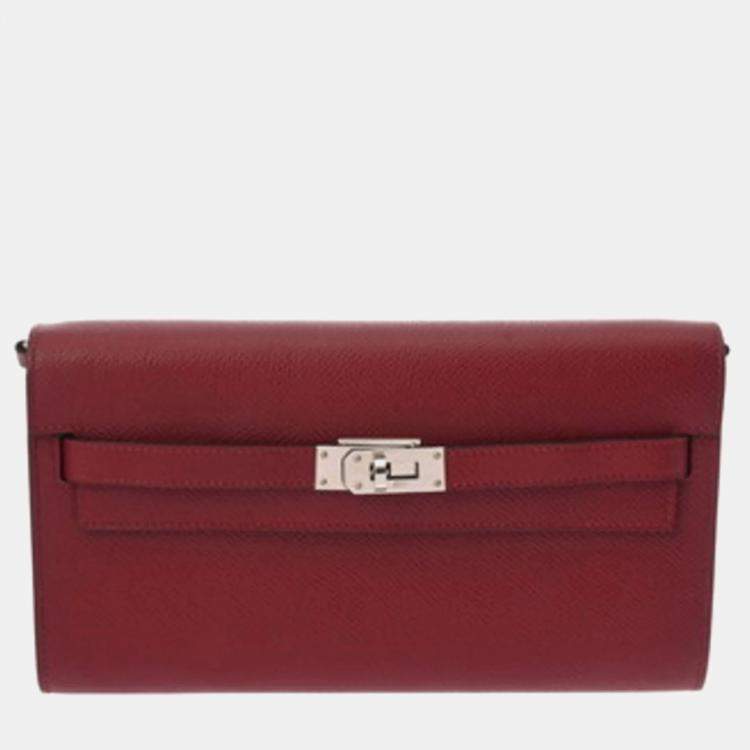 Pre Owned Hermes Kelly Wallet To-Go Rouge Grenat Epsom Leather Long Wallet