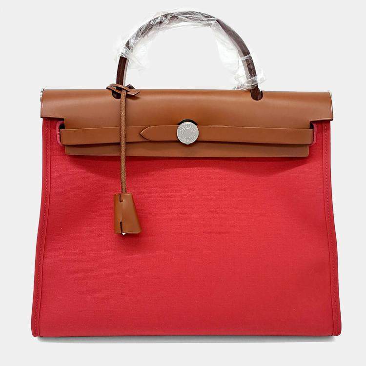 Pre Owned Hermes Brown Red Fabric and Leather ZIP Herbag Small