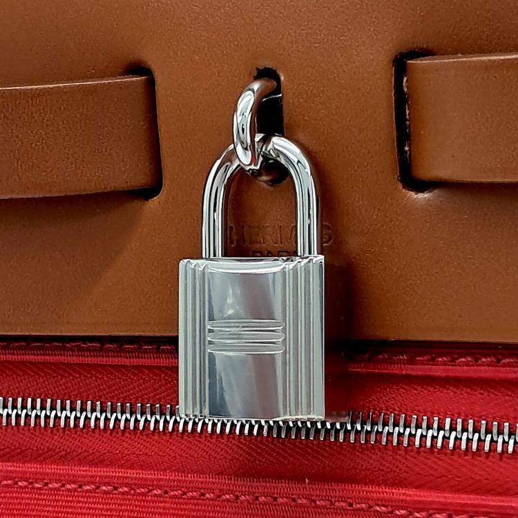 Pre Owned Hermes Brown Red Fabric and Leather ZIP Herbag Small