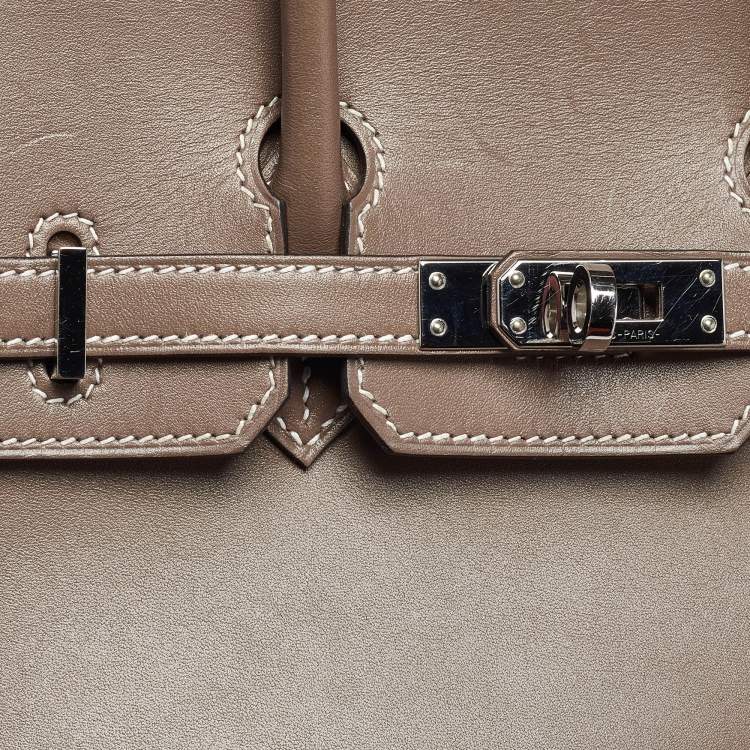 Pre Owned Hermes Birkin 25 Palladium Finish Etoupe Tadelakt Leather Tote