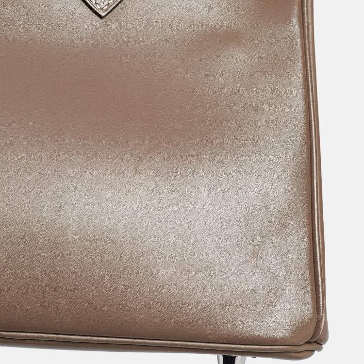 Pre Owned Hermes Birkin 25 Palladium Finish Etoupe Tadelakt Leather Tote