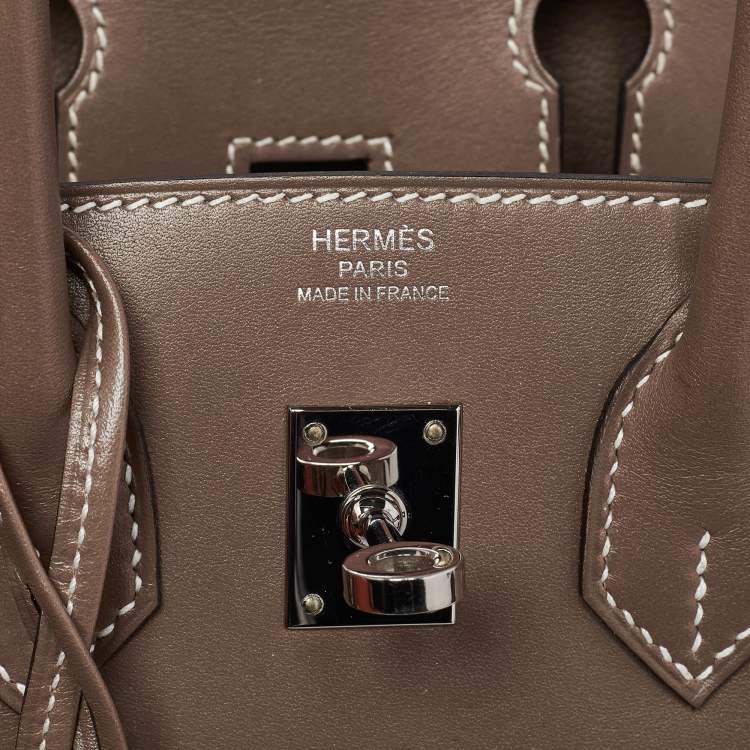 Pre Owned Hermes Birkin 25 Palladium Finish Etoupe Tadelakt Leather Tote