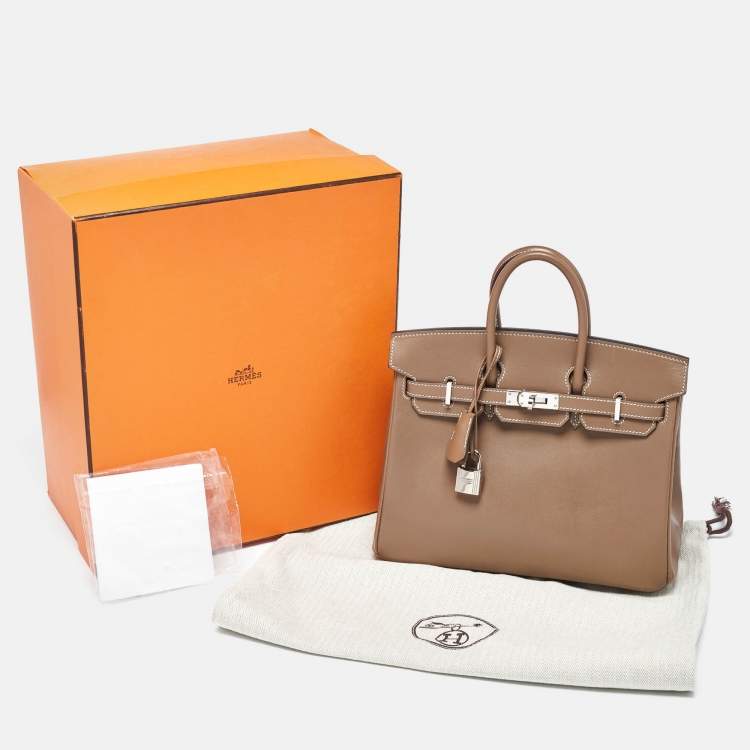 Pre Owned Hermes Birkin 25 Palladium Finish Etoupe Tadelakt Leather Tote