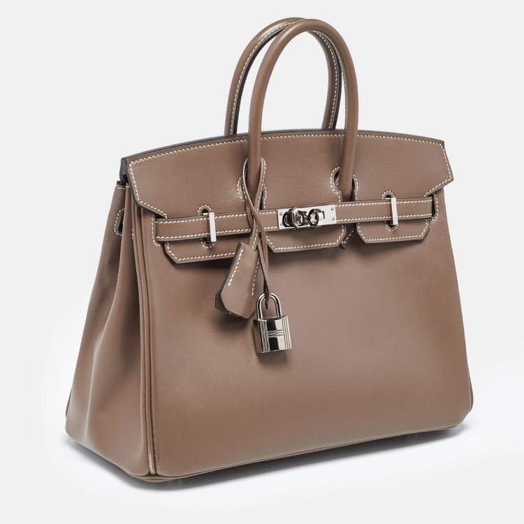 Pre Owned Hermes Birkin 25 Palladium Finish Etoupe Tadelakt Leather Tote